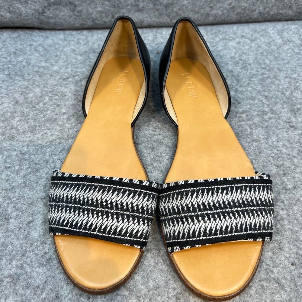 J Crew Women's Black Leather Flat Sandals Black White Woven Strap Size 8